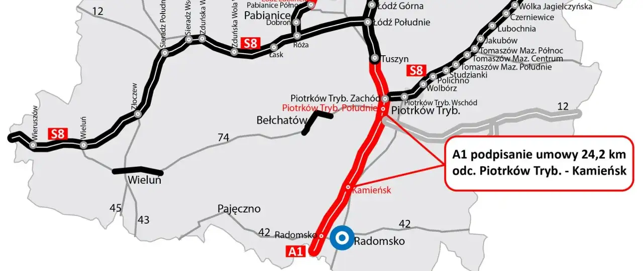 Mapa dróg z zaznaczoną autostradą S8 i A1, biegnącymi przez Łódź, Piotrków Trybunalski i Radomsko. Droga S8 to fragment przyszłej autostrady bursztynowej.