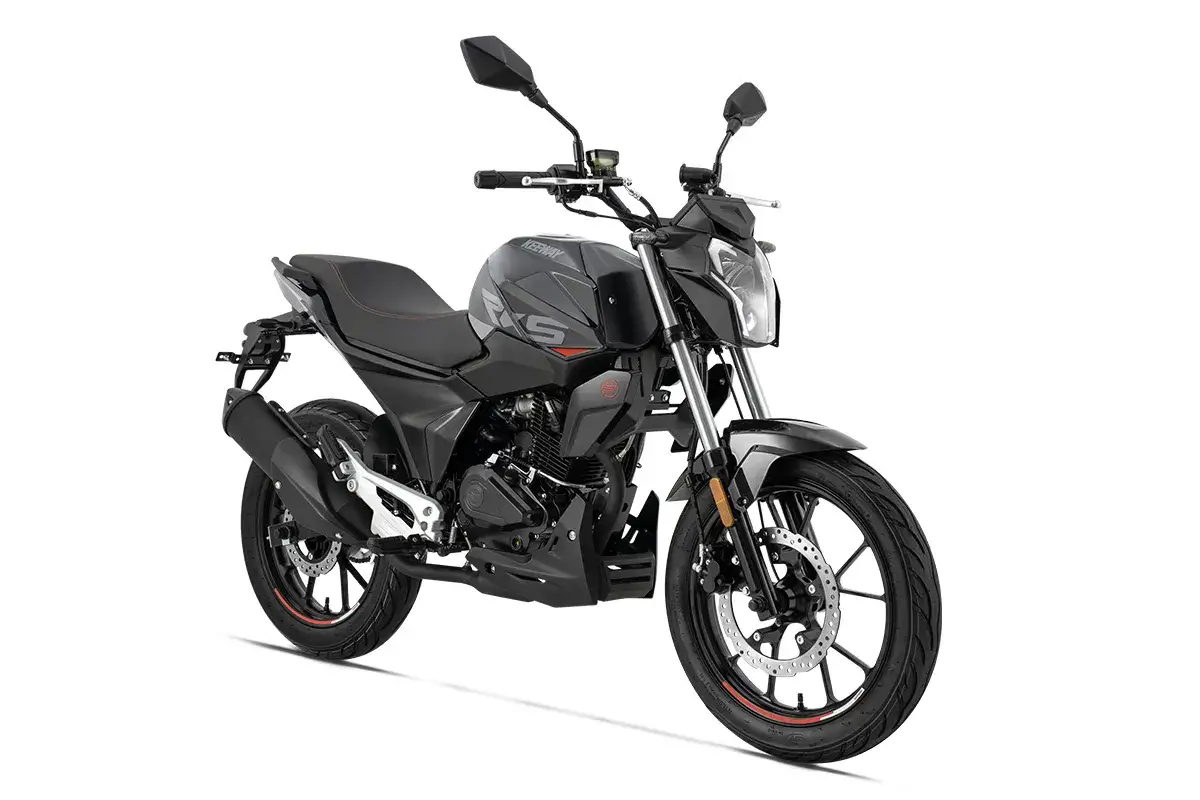 Czarny motocykl naked bike Keeway RXS z czerwonymi akcentami na felgach.