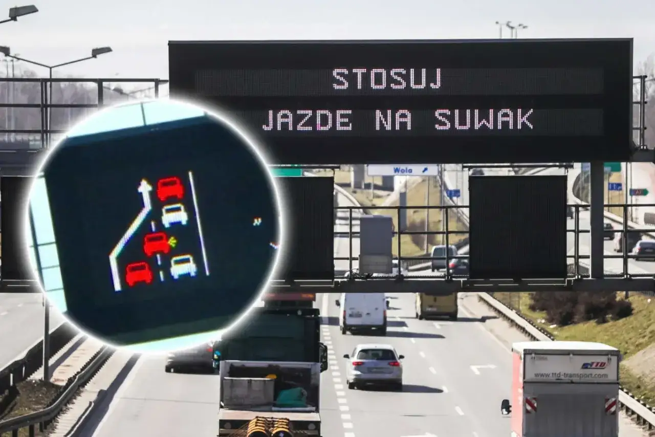 Znak drogowy informuje o stosowaniu jazdy na suwak. W okręgu schemat aut pokazujący prawidłowe zachowanie, by uniknąć mandatu.